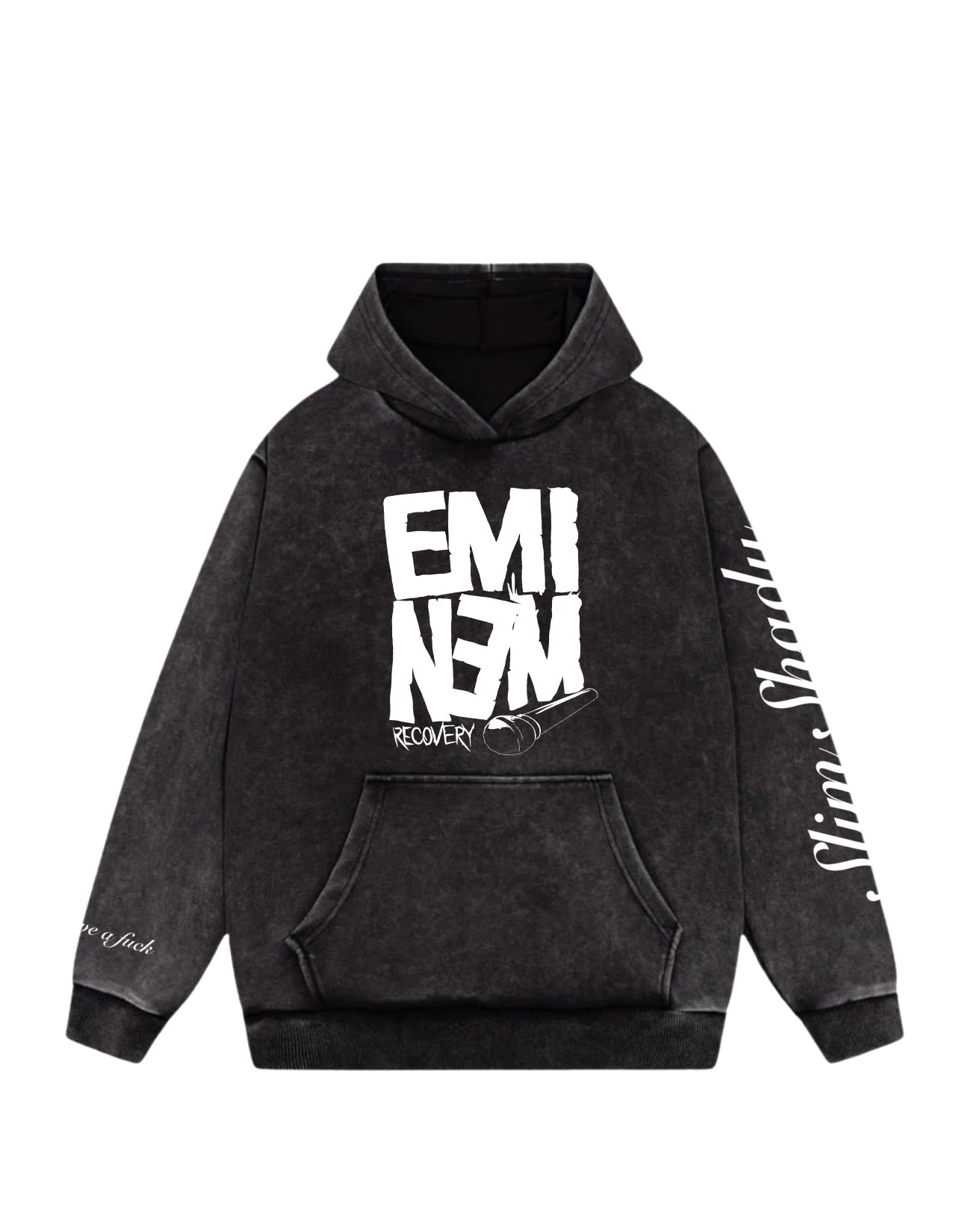 Black hoodie with white text on a white background