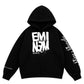 Black hoodie with white text on a white background