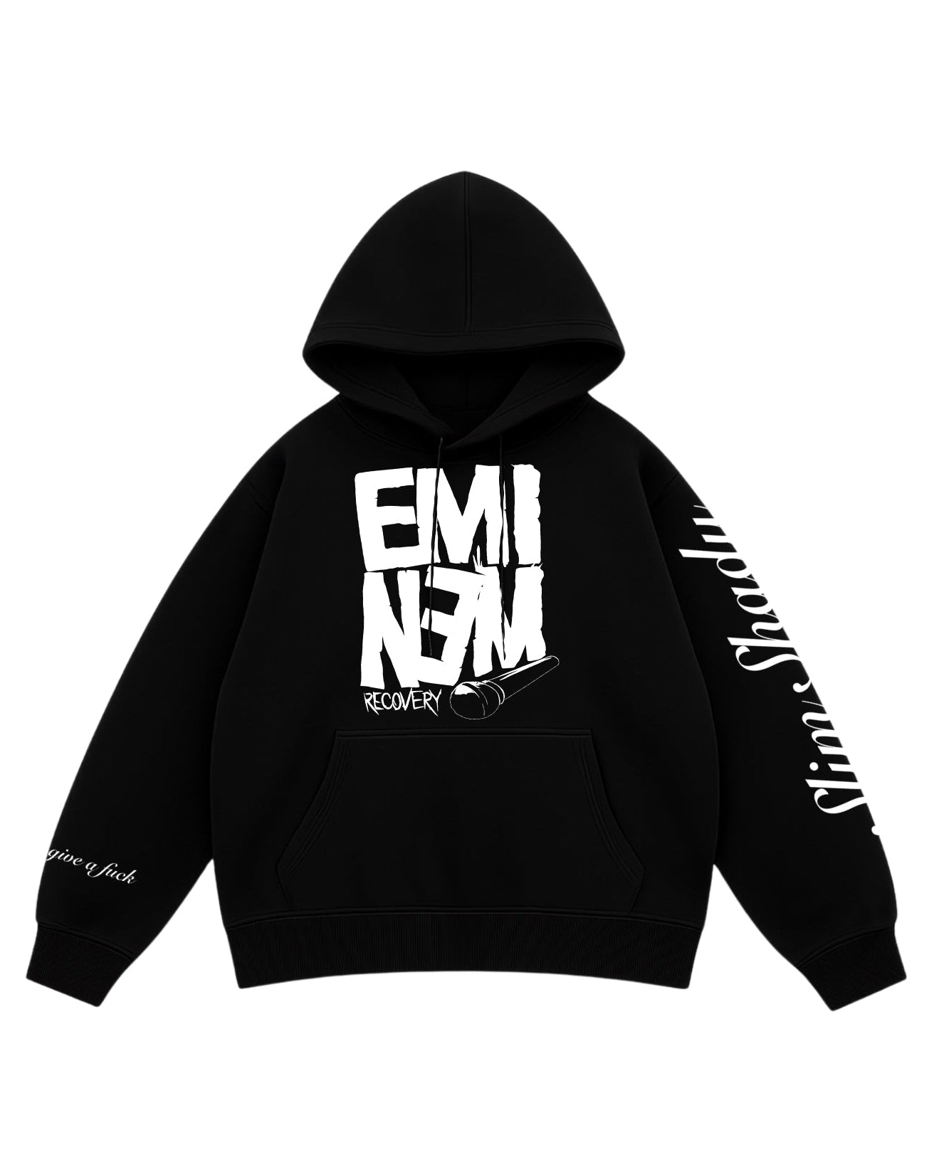 Black hoodie with white text on a white background
