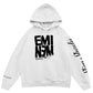 White hoodie with black text and branding on a white background