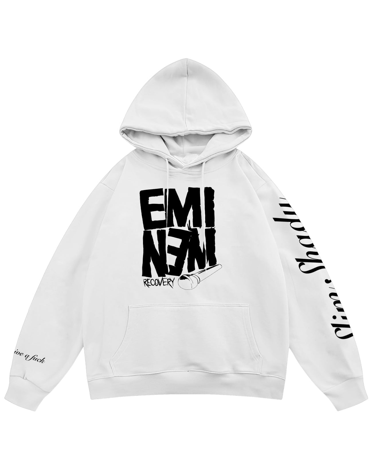 White hoodie with black text and branding on a white background