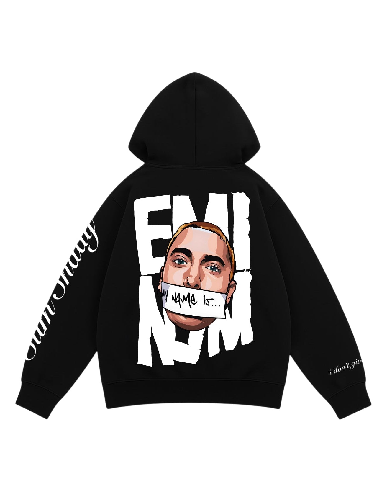 Black hoodie with graphic design on a white background