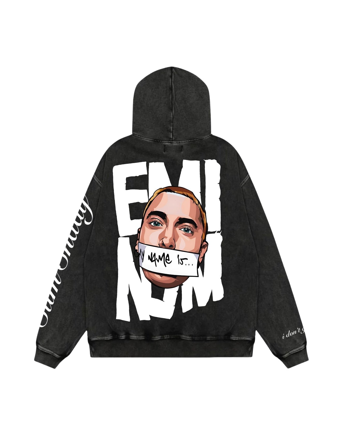 Black hoodie with graphic design on the back featuring a face with a bandage over the mouth and text.