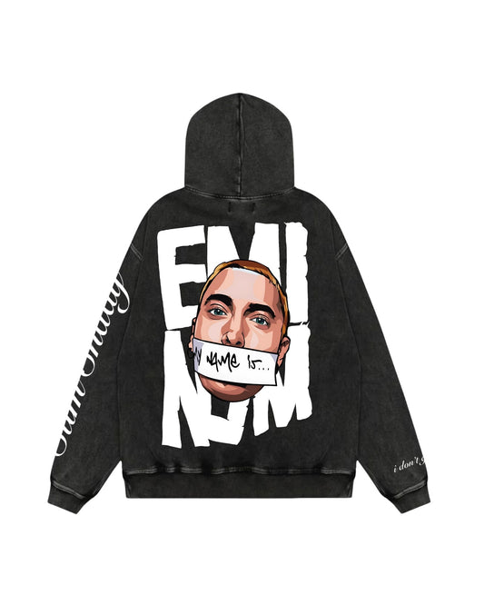 Black hoodie with graphic design on the back featuring a face with a bandage over the mouth and text.