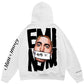 White hoodie with a graphic design on the back featuring a face with text and 'EMinem' branding.