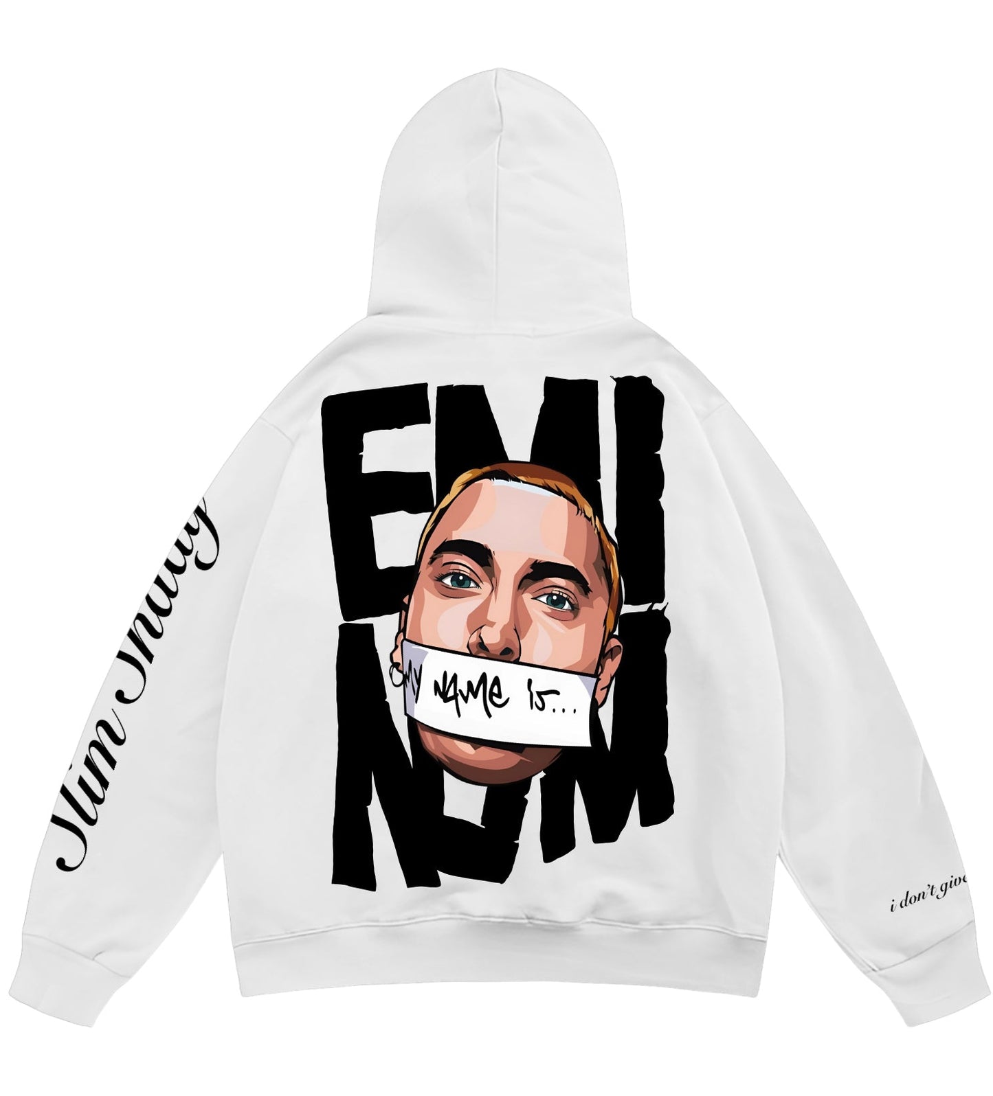 White hoodie with a graphic design on the back featuring a face with text and 'EMinem' branding.